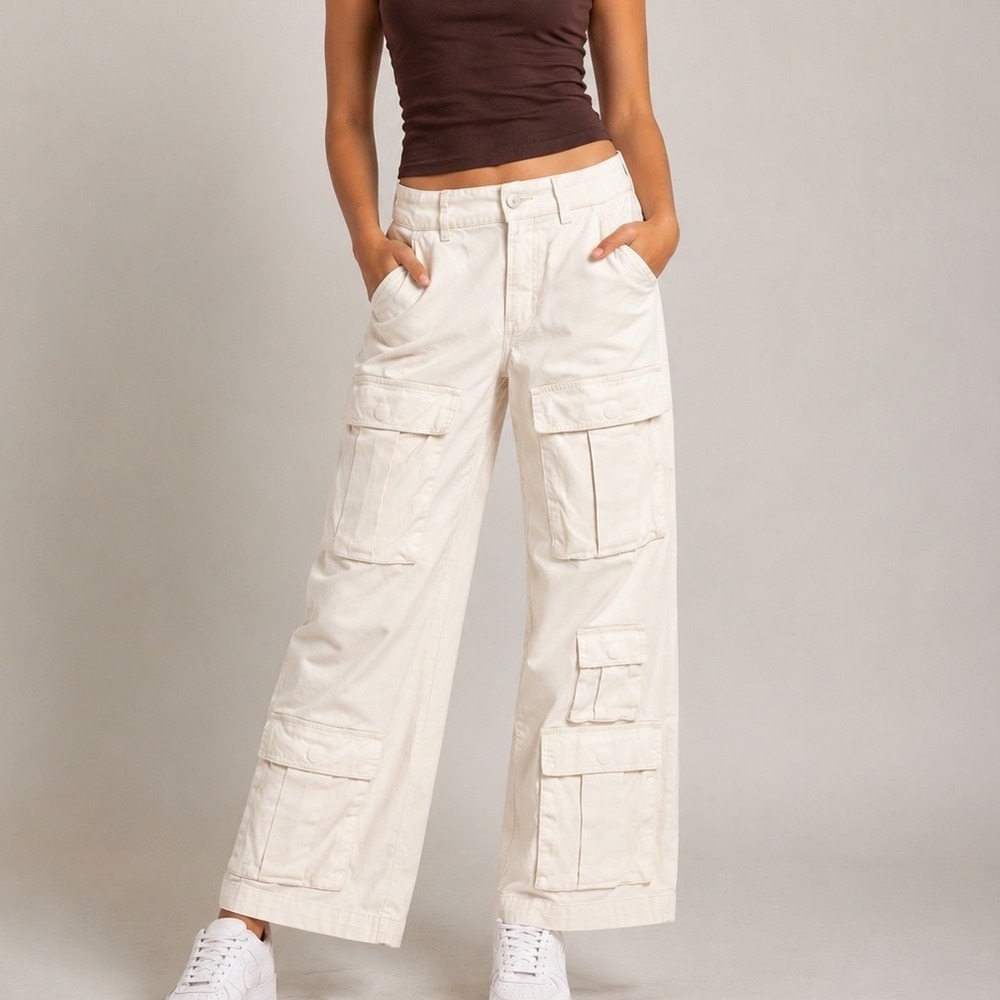 Forever 21 Cargo Pants Women Small Cream Wide Leg Multi Pocket Y2K Utility